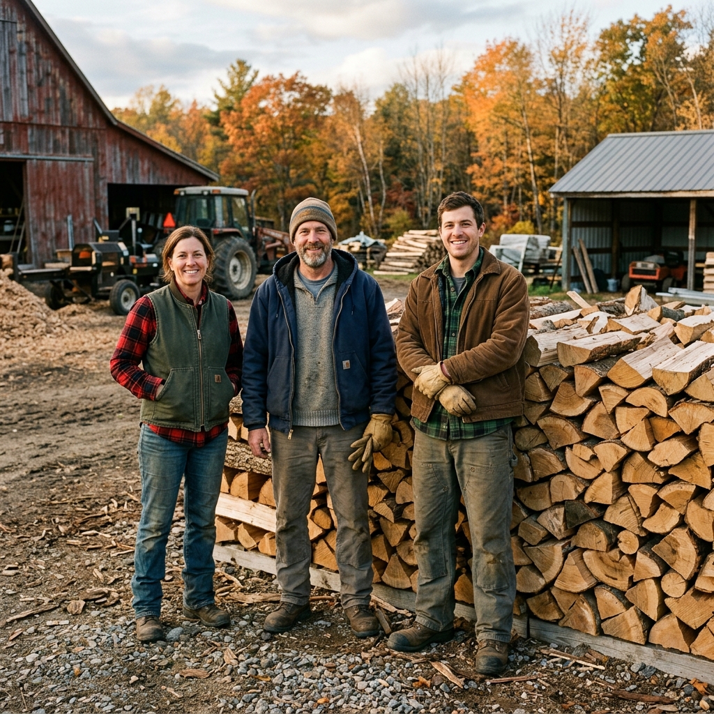 L'équipe Bûches et Terroirs devant leur stock de bois