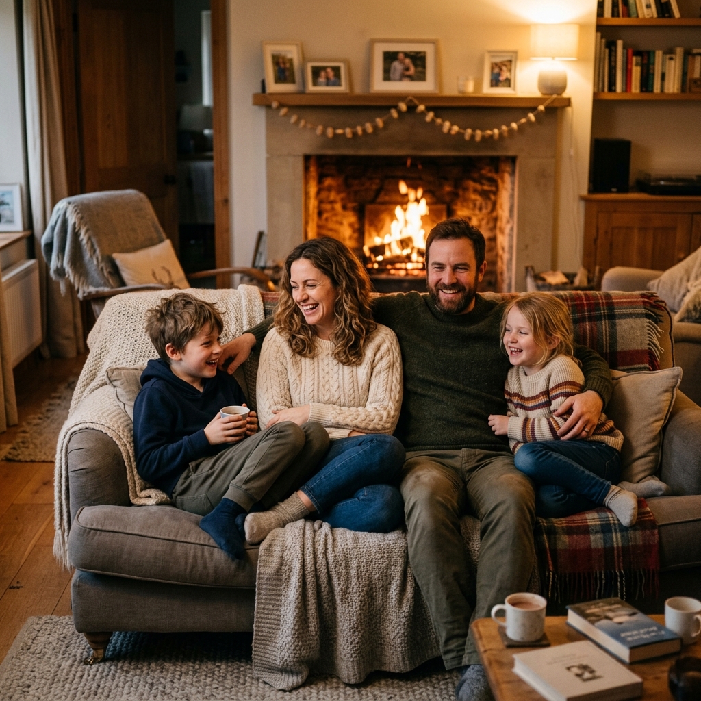 Famille au coin du feu avec du bois Bûches et Terroirs